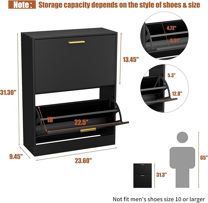 JOZZBY Shoe Cabinet Storage for Entryway, Slim Black Hidden Shoe Organizer Cabinet with 2 Flip Drawers, Wooden Narrow Shoe Rack with 2 Tier Freestanding for Hallway, Living Room