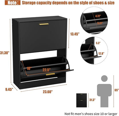 JOZZBY Shoe Cabinet Storage for Entryway, Slim Black Hidden Shoe Organizer Cabinet with 2 Flip Drawers, Wooden Narrow Shoe Rack with 2 Tier Freestanding for Hallway, Living Room