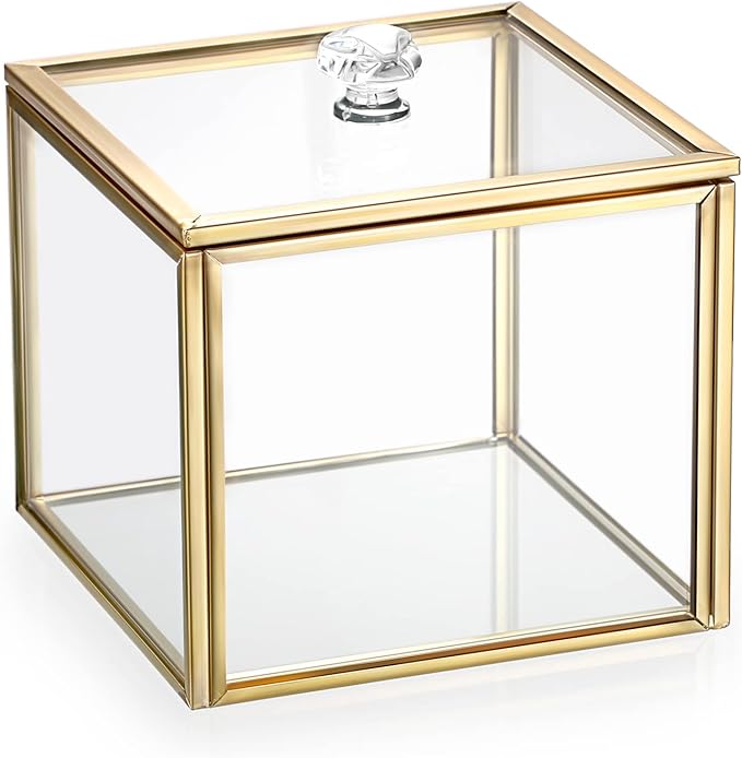 Hipiwe Glass Q-tip Holder Gold Cotton Swab Organizer Bathroom Dispenser with Lid Qtip Canister for Cotton Ball Pads Glass Vanity Box for Countertop Storage and Organization