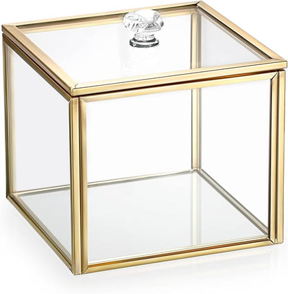 Hipiwe Glass Q-tip Holder Gold Cotton Swab Organizer Bathroom Dispenser with Lid Qtip Canister for Cotton Ball Pads Glass Vanity Box for Countertop Storage and Organization