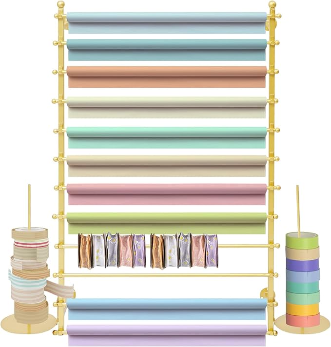 DYRABREST Wall Mounted Ribbon Organizer Rack, Metal Wrapping Paper Organizer Storage, Removable 12-Tier Hijab Organizer, 50lbs Load Capacity for Home, Craft Room, Flower Shop (Gold, 31.5 x 47.2 in)