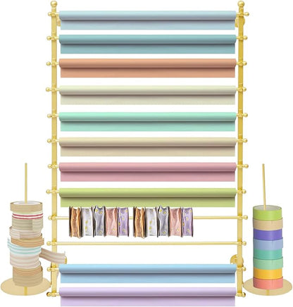 DYRABREST Wall Mounted Ribbon Organizer Rack, Metal Wrapping Paper Organizer Storage, Removable 12-Tier Hijab Organizer, 50lbs Load Capacity for Home, Craft Room, Flower Shop (Gold, 31.5 x 47.2 in)