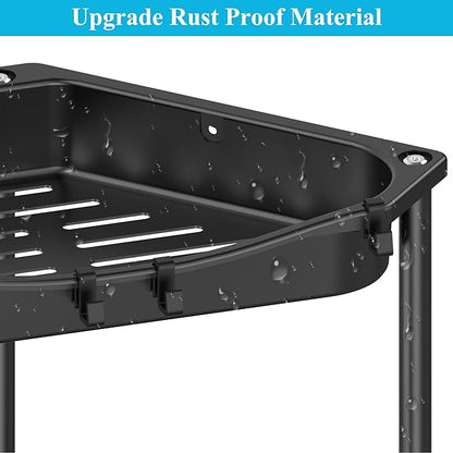 HuggieGems 4 Tier Floor Standing Corner Shower Caddy Organizer Shelf with Hooks, Bathroom Shelves Stand Rack, Jet Black