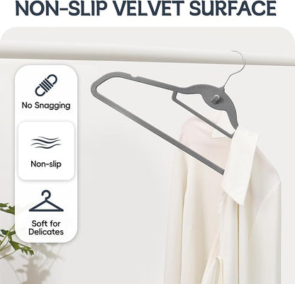 Velvet Hangers 50 Pack, Non Slip Stackable Clothes Hangers with Cascading Hooks, Ultra Thin and Space Saving Felt Hangers with Tie Bar, 360° Swivel Hooks, Heavy Duty for Suit Coat Shirt Pant- Gray