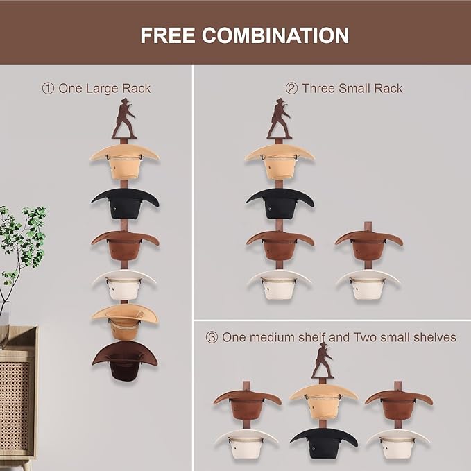 Cowboy Hat Rack Holder for Wall - Wild Western Style Design Hat Organizer with 6 Hat Hooks for Wall Mount, Hat Stand and Hanger for Storage and Organization，Gifts for Men Fathers Dad