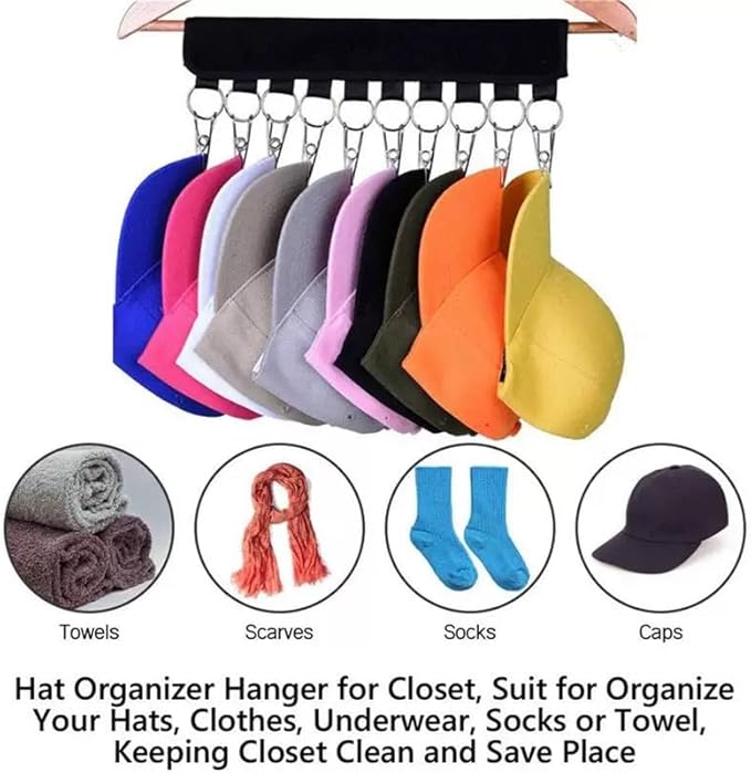 2 Pack Hat Organizer for Baseball Caps and Accessories, 10 Hat Storage Clips of Hat Hanger for Baseball Caps Display and Storage, Hat Rack Fit Hangers and Closet