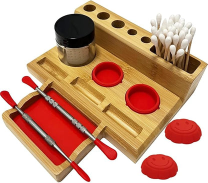 Bamboo Desk Organizer,Carving Tool Organizer with Non-sticky Mat and Silicone Container (16 x 15 x 4.5cm)