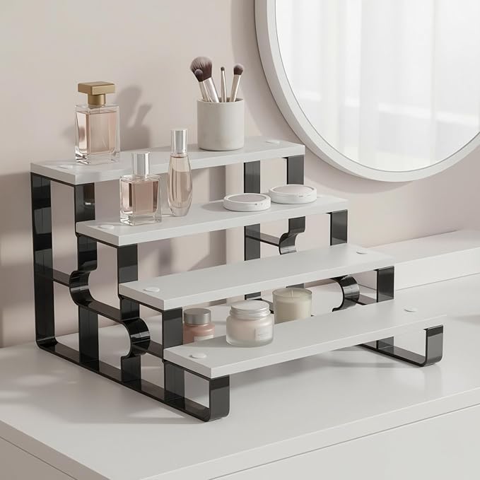 4 Tier Cologne and Perfume Organize for Women,Display Riser Stand for Bedroom Vanity,Wooden Bathroom Countertop Organizer,Bathroom Storage Shelf(White,Width=11.2")