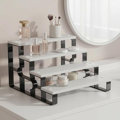 4 Tier Cologne and Perfume Organize for Women,Display Riser Stand for Bedroom Vanity,Wooden Bathroom Countertop Organizer,Bathroom Storage Shelf(White,Width=11.2")