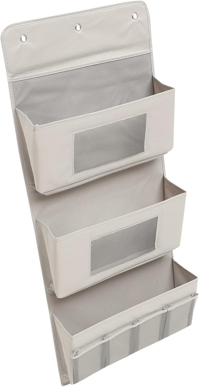 LABRIMP Multi-Layer Door Organizer Storage Bag 40x90cm Grey Fabric with Hooks Foldable Hanging Storage for Closet and Dormitory No Drilling Required