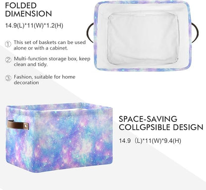 Foldable Storage Baskets Set of 2, Magic Galaxy Star Print Storage Bins with Handles, Decorative Cloth Organizer Storage Boxes for Home|Office 15 x 11 x 9.5 in