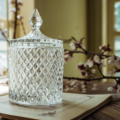 Glass Qtip Holder with Lid, Decorative Glass Apothecary Jar Crystal Canister Jar Bathroom Vanity Organizer for Q-tips, Cotton Ball & Swab, Cotton Pads, Hair Band, Candy Storage