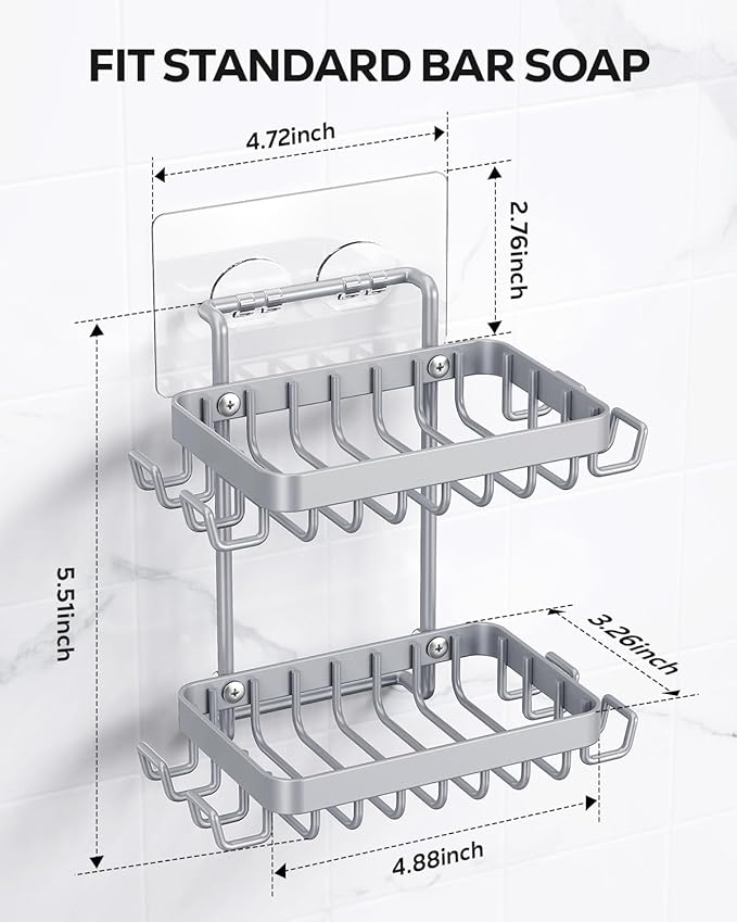 Nieifi Adhesive 2 Tier Bar Soap Holder, Stainless Steel for Shower Wall, Soap Dish for Bathroom, Gray