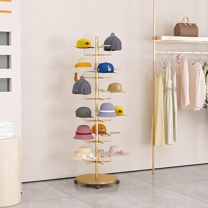 6 Tier Hat Rack with 30 Hooks, Freestanding Hat Rack Stand, Metal Hat Organizer Rack, Rolling Retail Hat Display Rack for Home/Store(Gold,6 Tier)
