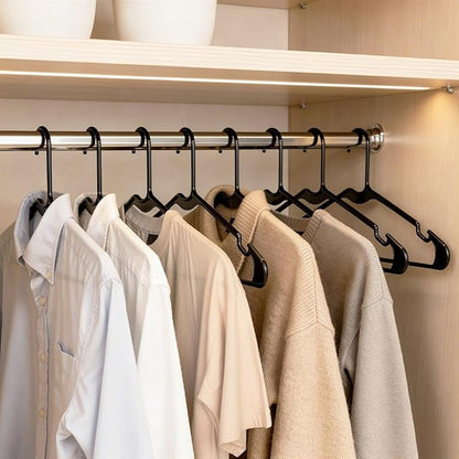 Amazon Basics Space Saving Plastic Clothes Hangers, Sturdy Closet Organizer for Shirts and Jackets, Adult Size, Black, 50-Pack
