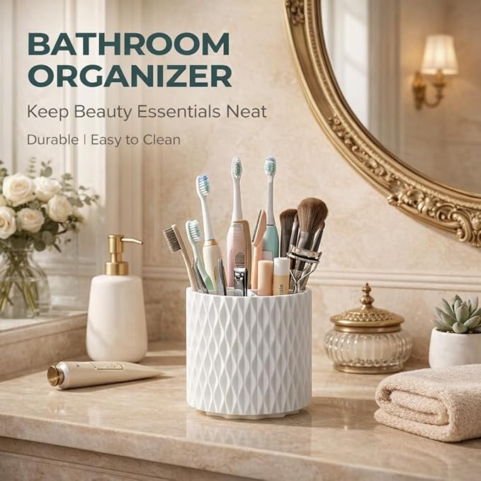 Makeup Brush Holder with Lid, 360° Rotating Dustproof 5-Slot Cosmetic Organizer for Vanity Countertop, Spinning Brush Caddy with Cover for Lipstick, Hair Brush & Art Supply, White