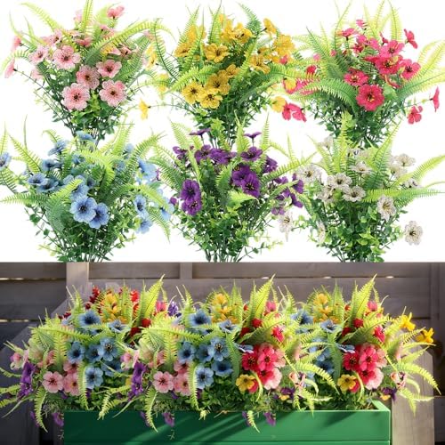 ZEOSTARO Artificial Outdoor Plants 12 Bundles Fake Boston Fern with Eucalyptus Flowers Faux UV Resistant Greenery Garden Window Box Porch Farmhouse Hanging Decor(Mix Flowers&Fern) by ZEOSTARO