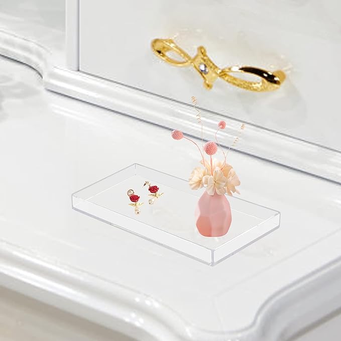 Acrylic Bathroom Tray for Counter, Handmade Clear Trays Sturdy Organizer for Cup, Sponge, Soap, Plant (Medium, Clear)