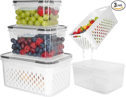 Grape Container for Fridge,3PCS(0.9Qt - 13.5Qt),Leakproof Grape Container with Removable Colander,Dishwasher & microwave safe Produce Containers,Keep Fruits, Vegetables, Meat Fresh Longer