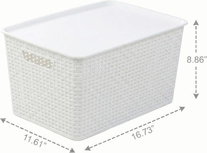 BINO | Plastic Storage Baskets with Lids, 22 Liter - 3 Pack, White | THE WOVEN COLLECTION | Storage Basket for Shelves | Woven Storage Baskets for Organizing Bins Pantry Shelf Organizer Container Bin