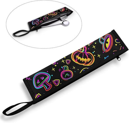 Portable Travel Tableware Box Trippy Pumpkin Mushroom Flatware Storage Box Case Travel Utensils Cutlery Case with Bag for Fork Spoon Chopsticks