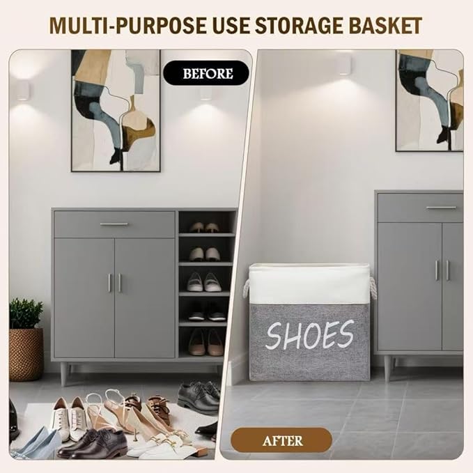 Large Fabric Shoe Basket,Flodable Shoe Storage Bin for Entryway,Hallway or Mudroom,Stylish Shoe Storage Container (Large-2 Pack)