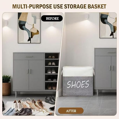 Large Fabric Shoe Basket,Flodable Shoe Storage Bin for Entryway,Hallway or Mudroom,Stylish Shoe Storage Container (Large-2 Pack)