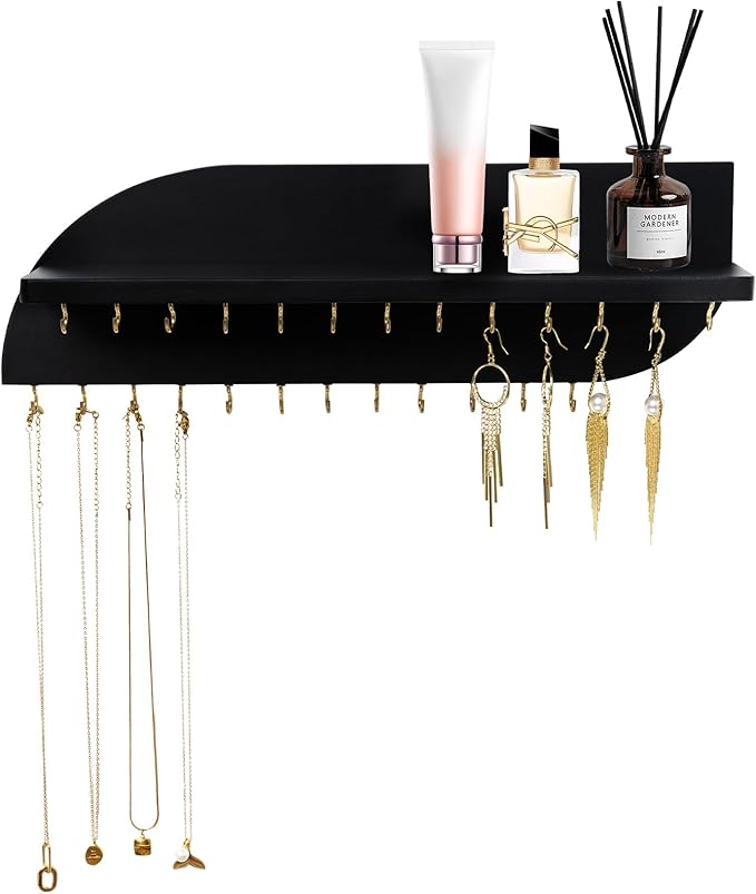 Hanging Jewelry Organizer with 25 Hooks and Cosmetics Shelf, Modern Wood Wall Mounted Jewelry Holder for Necklaces, Bracelets, Earrings and Rings, Black