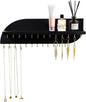 Hanging Jewelry Organizer with 25 Hooks and Cosmetics Shelf, Modern Wood Wall Mounted Jewelry Holder for Necklaces, Bracelets, Earrings and Rings, Black