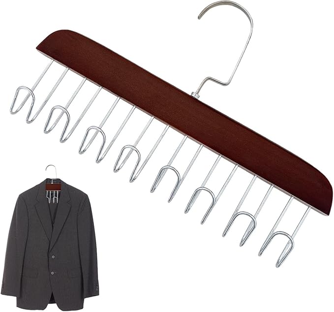 Wooden Belt Holder - Multifunctional Wooden Belt Hanger with 8 Metal Hooks - Wood Tie Scarf Rack Holder Hangers Organizer | for Hanging Belts,Tie,Scarves,neckties, Brown