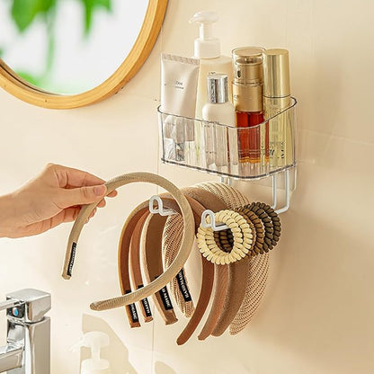 Adhesive Clear Hanging Headband Organizer Wall, Makeup Storage Box with Brackets Rack Caddy for Hair Headband Jewelry Clips Pins Rings