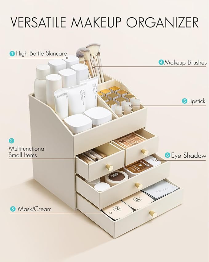 VLANDO Makeup Organizer Countertop,Large Vanity Organizer PU Leather Make up Storage with 4 Drawers Perfume Organizers Cosmetic Display Case for Lipstick,Brushes,Bedroom-Beige