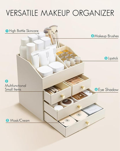 VLANDO Makeup Organizer Countertop,Large Vanity Organizer PU Leather Make up Storage with 4 Drawers Perfume Organizers Cosmetic Display Case for Lipstick,Brushes,Bedroom-Beige