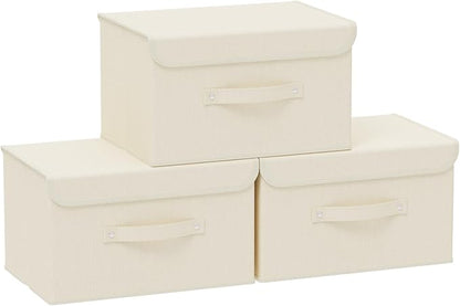 Fabric Storage Bins Cube Organizers with Flip-Top Lid and Handles,Storage Boxes for Organizing Home,Office,and Closet,Beige,3 Pack 13X9.1X7.9 in