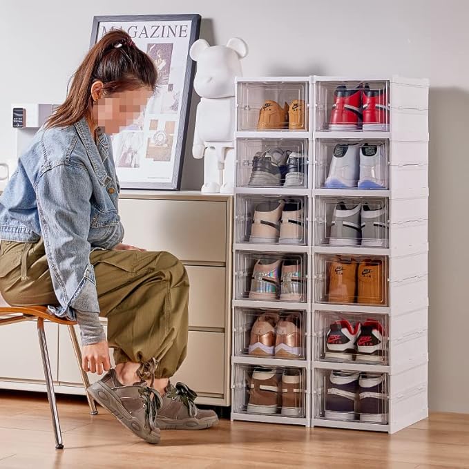 6-Tier Shoe Rack Shoe Storage Box Bins Clear Collapsible Plastic Installation-Free Stackable Foldable Tote with Lids Organizing Dustproof