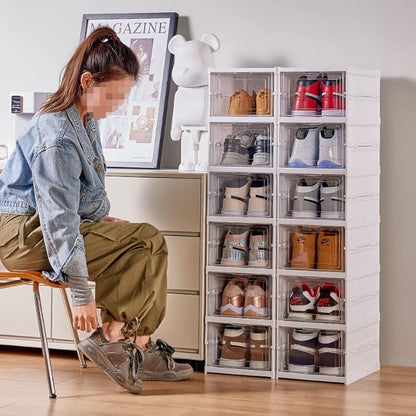 6-Tier Shoe Rack Shoe Storage Box Bins Clear Collapsible Plastic Installation-Free Stackable Foldable Tote with Lids Organizing Dustproof