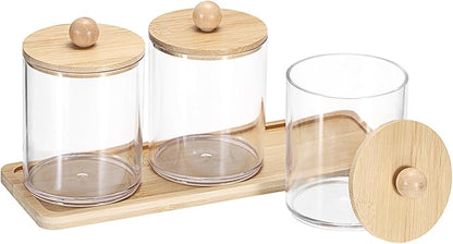 Qtip Holder with Vanity Tray Clear Cotton Ball Holder Cotton Swab Dispenser Bathroom Storage Canister with Lid Qtip Dispenser for Bathroom Office,3 Pcs