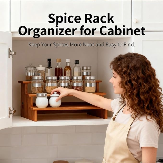 JinDoWin Cabinet Spice Organizer, Spice Organization for Cabinet, 3 Tier Spice Rack Organizer for Cabinet, Seasoning Organizer & Seasoning Rack, Kitchen Cabinet Organizer (2, Dark Bamboo)