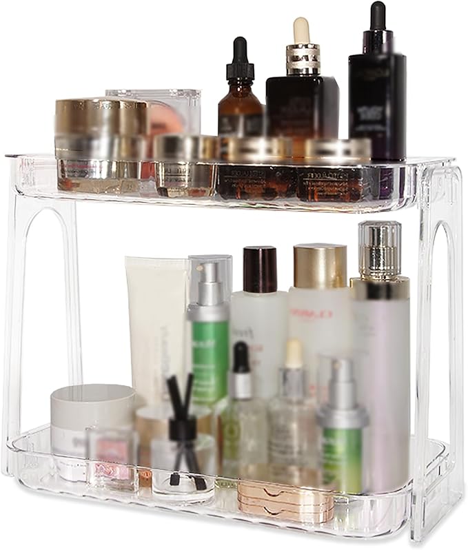VNIMTI Skincare Organizers 2 Tier, Makeup Organizer Countertop, Cosmetic Display Cases, Makeup＆Skincare Organizer for Vanity, Desktop, Bathroon, Ideal for Women (Free Standing - Clear)