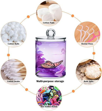Purple Butterfly Qtip Holder 2 Pack, 14 oz Apothecary Jars Bathroom Vanity Organizer Canister for Qtips,Cotton Swabs,Cotton Balls,Cosmetic Pads,Flossers,Bath Salts