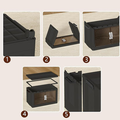 131QT Stackable Storage Bins with Lid & Door, 32 Gal Collapsible Plastic Storage Containers with Locking Wheel, Space Saving Foldable Organizer for Home Bedroom Office Gray 3T
