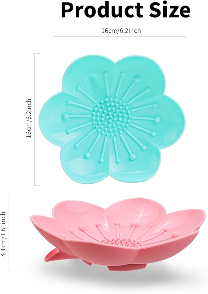 Soap Dishes 2 Pack Self Draining XL Flexible Bar Holder for Shower, Silicone Flower Soap Saver Tray for Counter Bathtub Sink Bathroom Decor with Drainage -Mirror Surface Easy Clean (Pink/Cyan Blue)