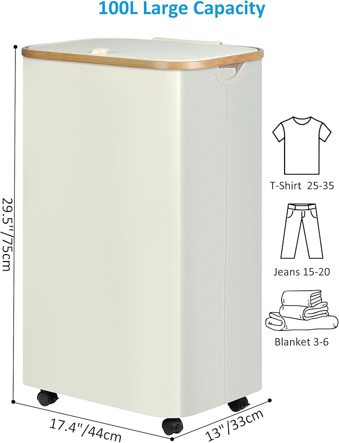 efluky Laundry Basket with Wheels, Tall Rolling Laundry Hamper with Lid and Removable Bag, Aesthetic Dirty Clothes Hamper on Wheels for Laundry Room, Bedroom, Dorm and Bathroom, 100L Black