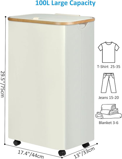 efluky Laundry Basket with Wheels, Tall Rolling Laundry Hamper with Lid and Removable Bag, Aesthetic Dirty Clothes Hamper on Wheels for Laundry Room, Bedroom, Dorm and Bathroom, 100L Black