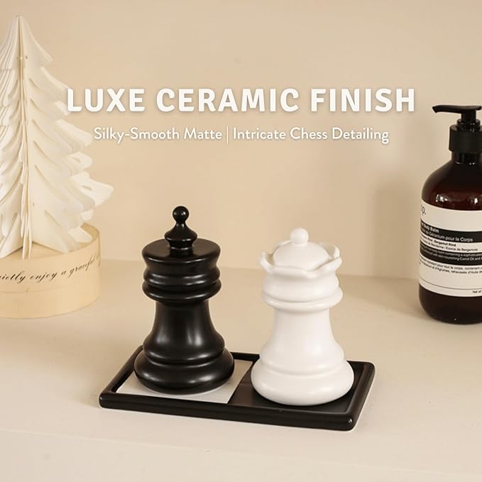 King and Queen Chess Piece Qtip Holder Bathroom Set with Mini Chessboard Base, Novelty Ceramic Storage Containers for Toothpicks, Cotton Swabs, Floss - Elegant Desk Decor, Unique Gift for Chess Lovers