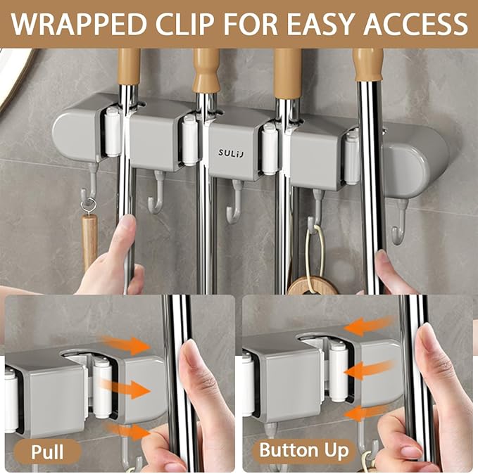 2Pcs Broom Holder Wall Mount, No-Drilling Self-Adhesive Mop and Broom Storage Rack with Hooks (4 Racks with 5 Hooks), Wall-Mounted Broom Hanger for Bathroom, Kitchen, Closet, Garage (Grey)