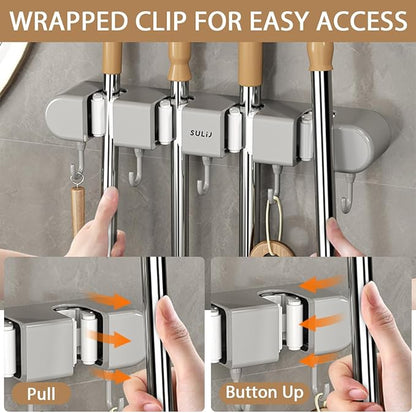 2Pcs Broom Holder Wall Mount, No-Drilling Self-Adhesive Mop and Broom Storage Rack with Hooks (4 Racks with 5 Hooks), Wall-Mounted Broom Hanger for Bathroom, Kitchen, Closet, Garage (Grey)