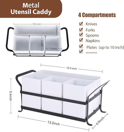 Silverware Caddy Metal Utensil Holder for Party Countertop Silverware Utensil Caddy Cutlery Flatware Organizer for Spoons Forks Plates Napkins white&Black