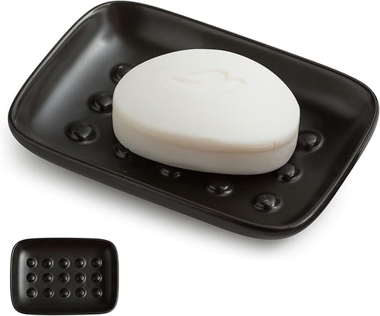 Miamolo Soap Dish, Ceramic Soap Holder Shower Soap Dish for Bar Soap Sponge, Soap Saver Tray for Bathroom Kitchen Sink, Black
