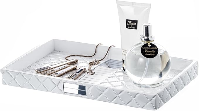 Creative Scents Quilted Mirror Vanity Trays for Bathroom – Decorative Cosmetics Organizer - Durable Resin -Bathroom Tray for Arranging Perfume/Jewelry/Makeup - Elegant Bathroom Accessories (White)